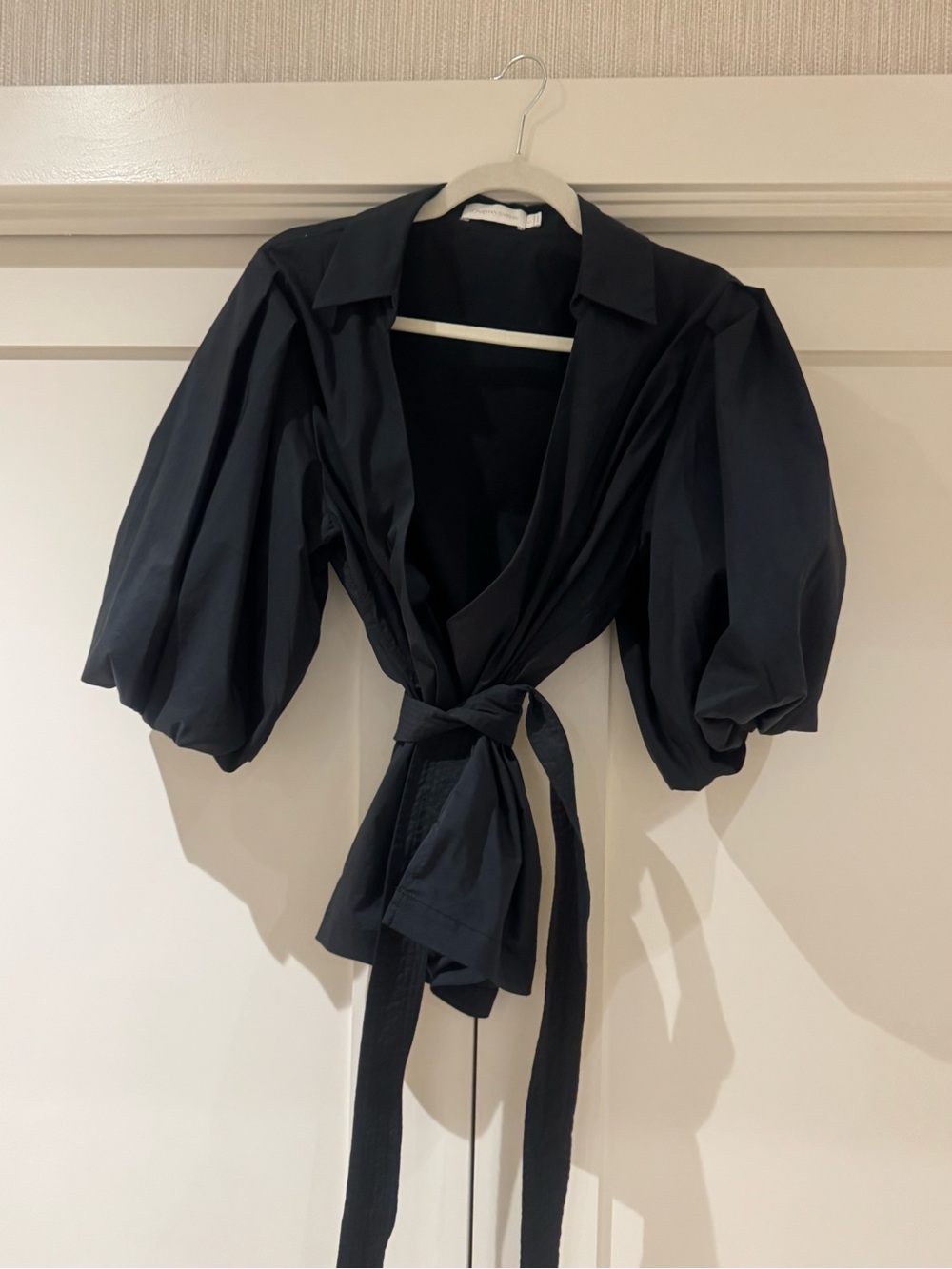 Jonathan Simkhai Black Puff-Sleeve Wrap Blouse with Tie